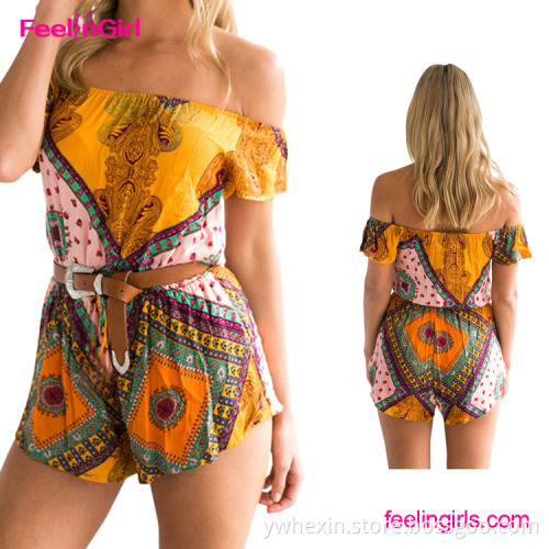 Fashion Bohemia Printed Romper One Shoulder Jumpsuit